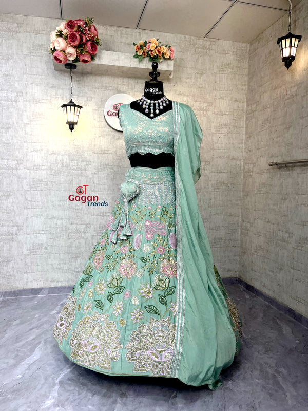 Heavy Chinon Silk  Lehenga with Embroidery Sequins & Cut Work – Semi-Stitched Set