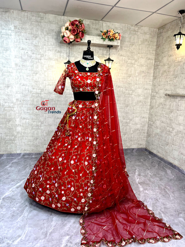 Soft Net Lehenga with Embroidery Sequins Work – Semi-Stitched Set