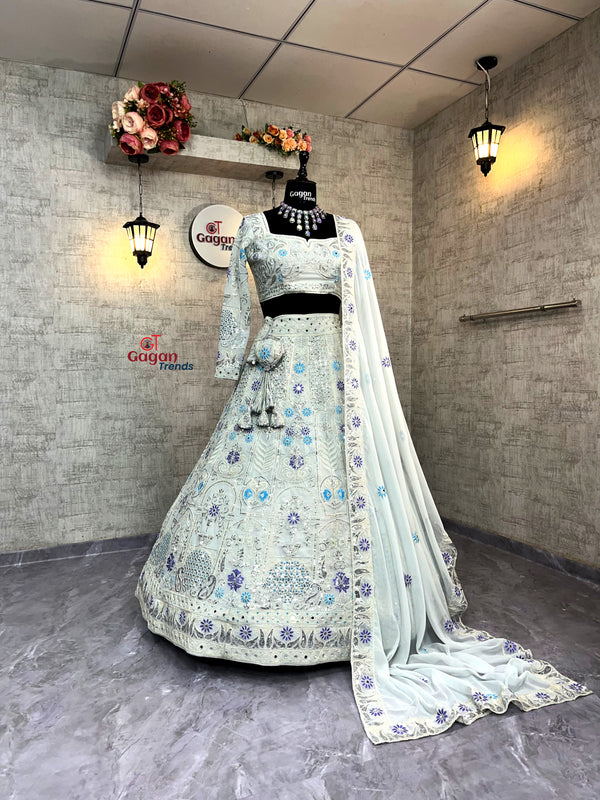 Faux Georgette Lehenga with Coding Sequins & Real Mirror Work – Semi-Stitched Set