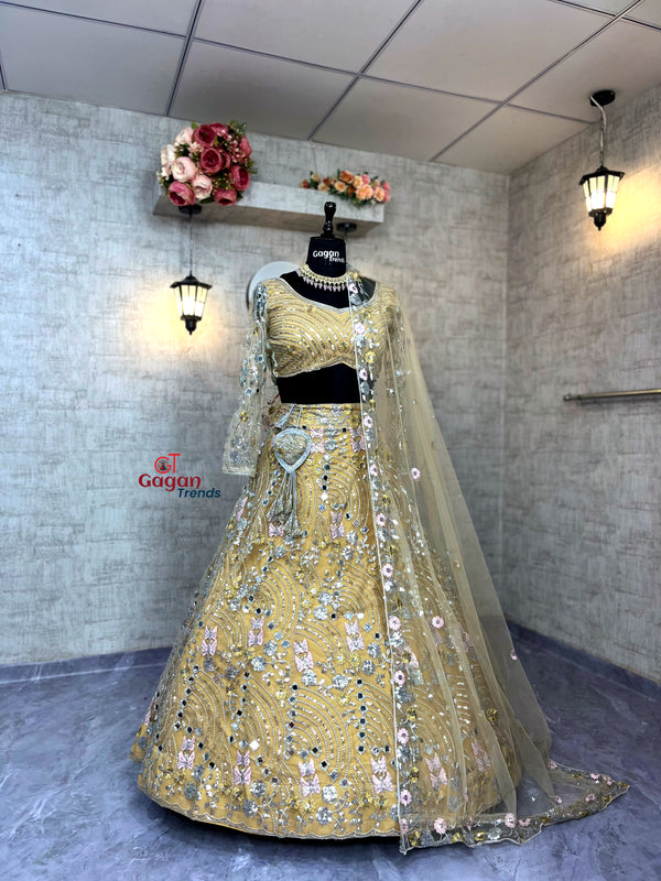 Soft Butterfly Net Lehenga with Real Mirror Embroidery Sequins Work – Semi-Stitched Set