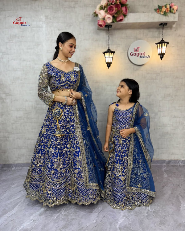 Mom & Daughter Matching blue Lehenga Choli Set – Fully Stitched Soft Net with Coding Sequins (0Y–18Y KIDS ) | S–XXLfor mom