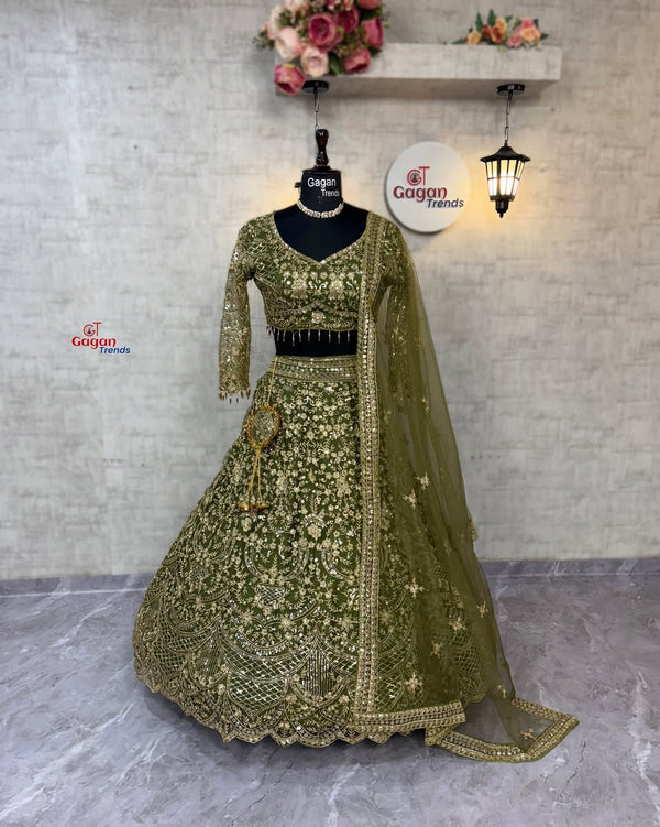 Premium Soft Net Lehenga Choli with Embroidery Sequins Work model green