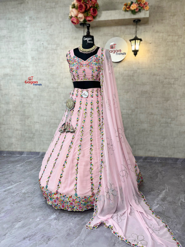 Faux Georgette Lehenga Set with Real Mirror & Stone Embroidery – Festive Glam Look