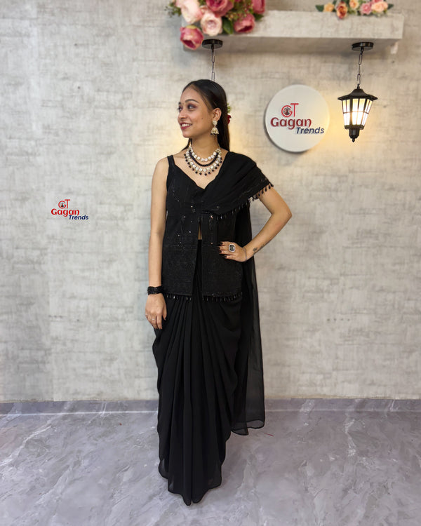 Black  indo-western ready to wear Saree With Embroidered Cut Dana Blouse