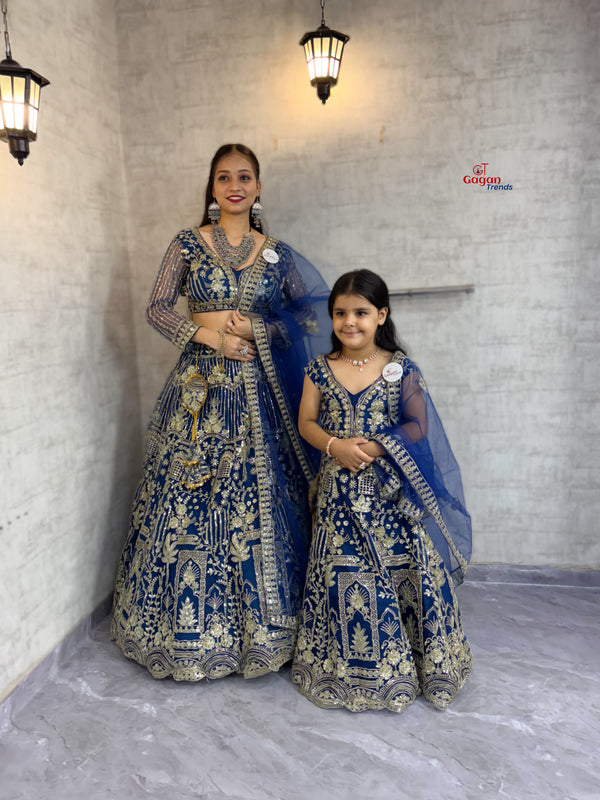 Mom & Daughter Matching blue Lehenga Choli Set – Fully Stitched Soft Net with Coding Sequins (0Y–18Y KIDS ) | S–XXL-Mom
