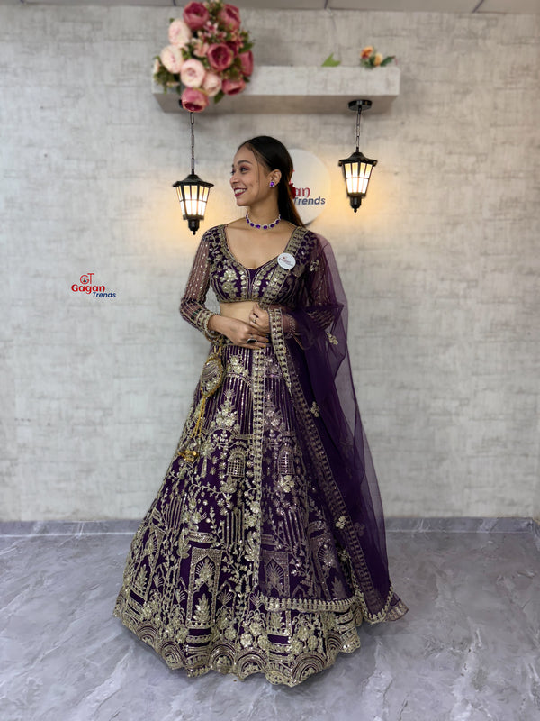 wine colour Soft Net Lehenga Choli with Sequins Embroidery WITH Attactive design