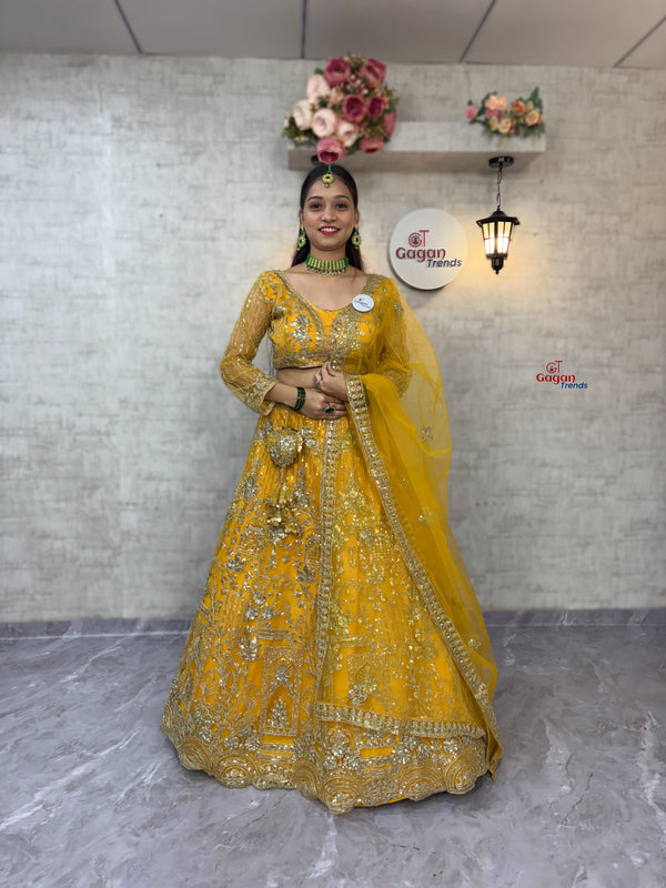 yellow colour Soft Net Lehenga Choli with Coding Sequins & Dupatta – Glamorous Ethnic Ensemble