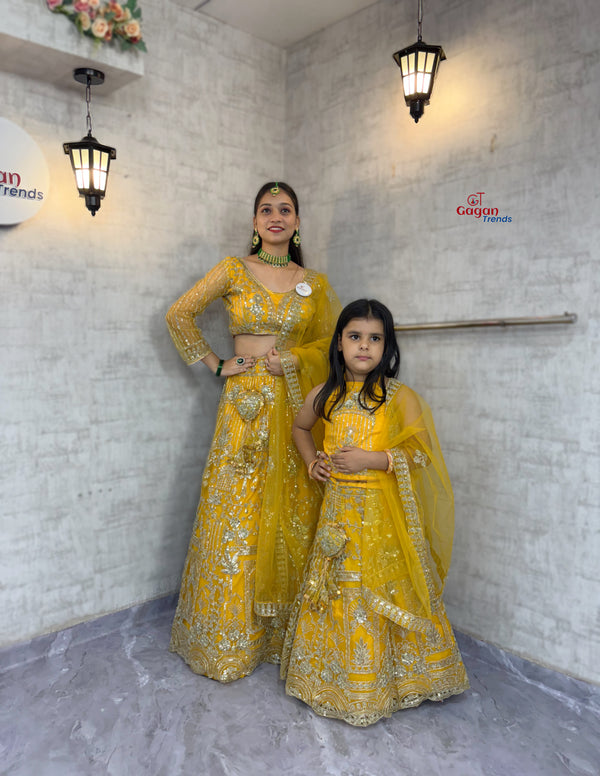 Mom & Daughter Matching yellow Lehenga Choli Set – Fully Stitched Soft Net with Coding Sequins (0Y–18Y KIDS ) | S–XXL-Mom