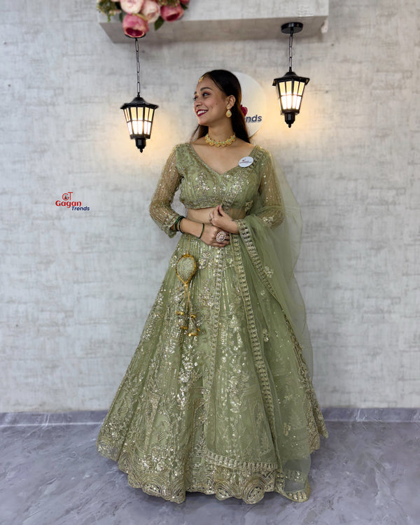 pista colour Soft Net Lehenga Choli with Sequins Embroidery WITH Attactive design