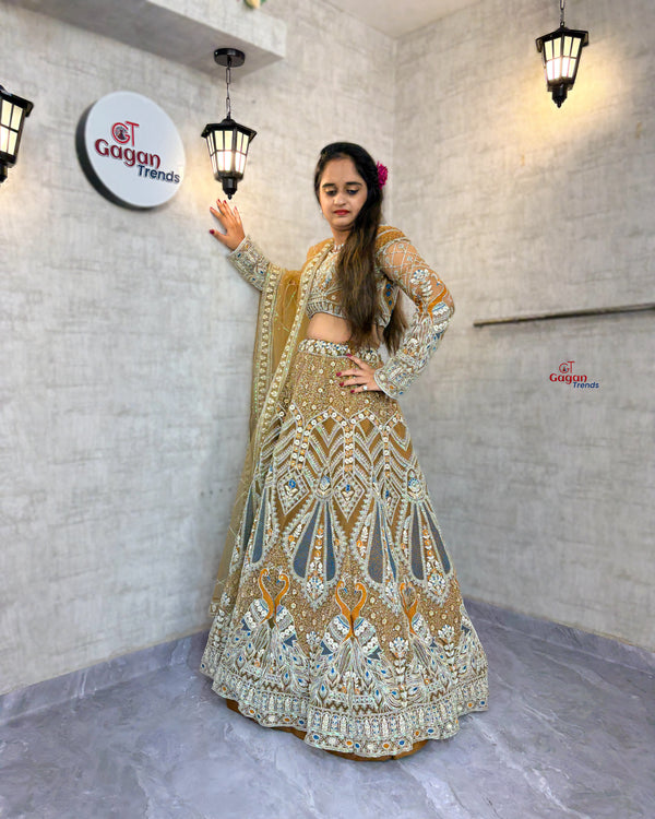 Goldish colour Soft Net Lehenga Choli with Coding Sequins Work