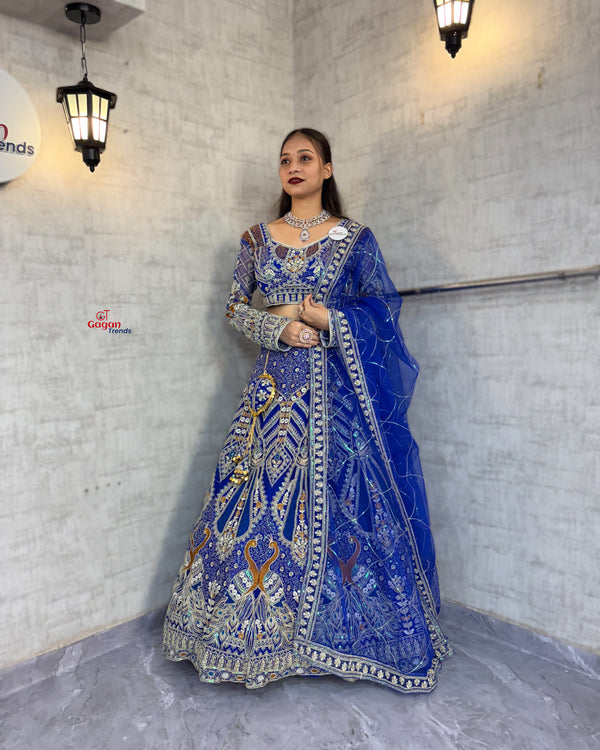 blue colour Soft Net Lehenga Choli with Coding Sequins Work