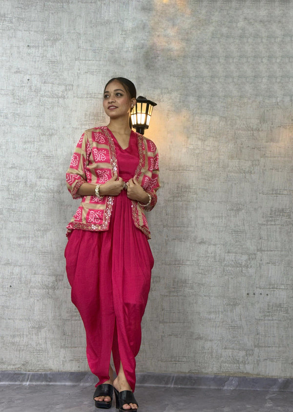 Chic Chinon Silk Dhoti Style Dress with Digital Print & Sequins Embroidered Jacket
