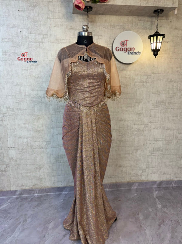 Premium Designer Drape Saree Gown with Shimmer Finish & Cape – Gagan Trends