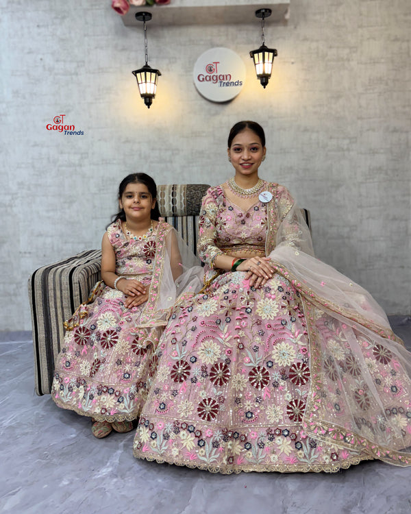 Mom & Daughter Matching Purple colour  Lehenga Choli Set – Fully Stitched Soft Net with Coding Sequins (0Y–18Y KIDS ) | S–XXL-Mom
