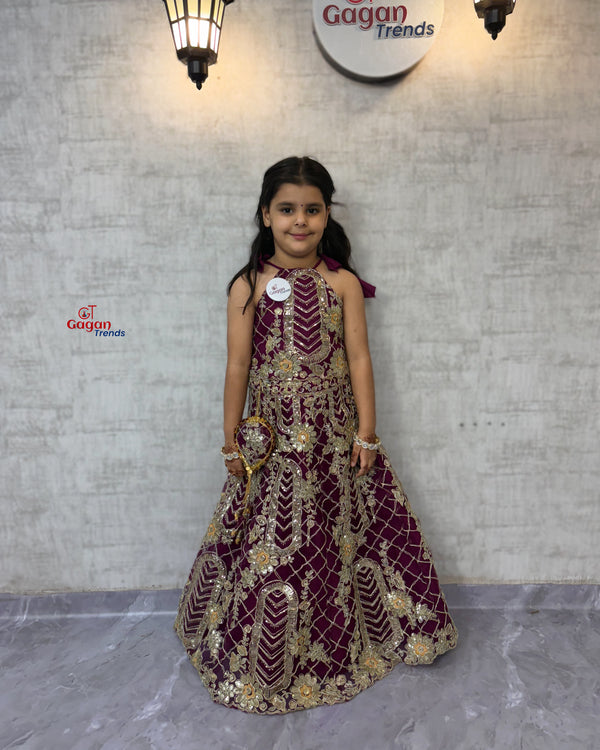 WINE colour Soft Net Lehenga Choli with Coding Sequins – Fully Stitched Traditional Dress (0–18 Years)