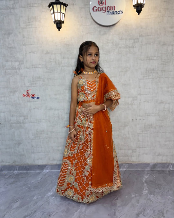 Orrange colour Soft Net Lehenga Choli with Coding Sequins – Fully Stitched Traditional Dress (0–18 Years)
