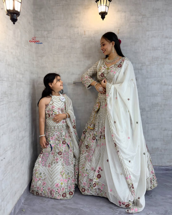 Mom & Daughter Matching Twinkle Silk Lehenga Choli Set with Sequins Embroidery– Fully Stitched Soft Net with Coding Sequins (0Y–18Y KIDS ) | S–XXL-Mom