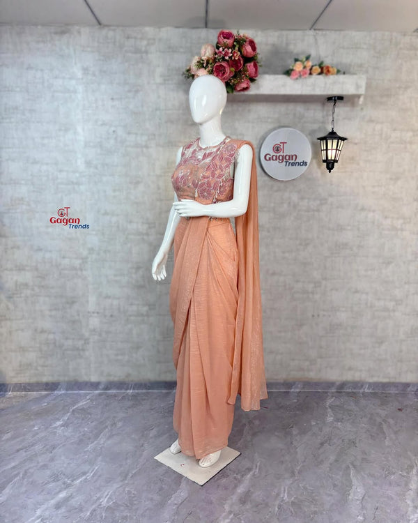 Ready-to-Wear Peach Floral Embroidered Saree – Western Inspired Festive Look dummy