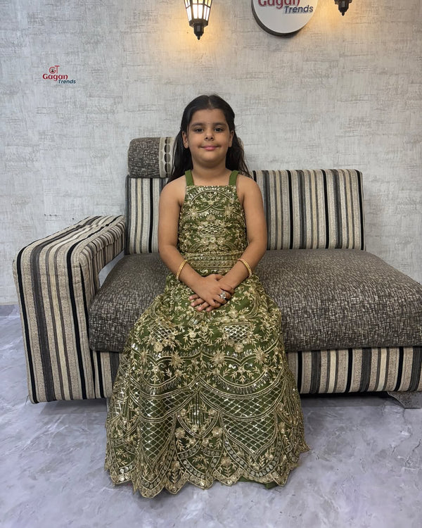green Soft Net Lehenga Choli with Coding Sequins – Traditional Dress (0–18 Years)