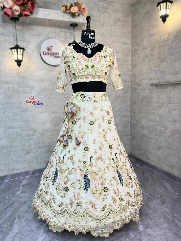 WHITE  Premium Faux Georgette  Lehenga with  Designer Blouse – Perfect for Weddings & Festive Glamour