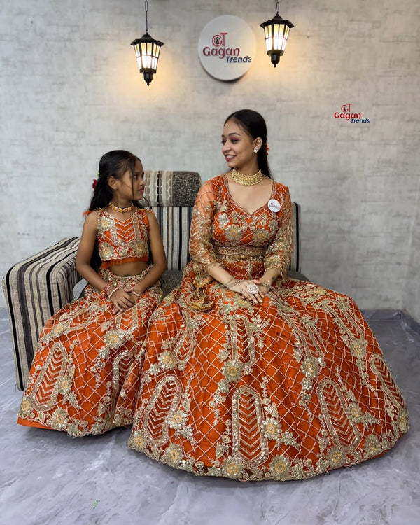 Mom & Daughter Matching blue Lehenga Choli Set – Fully Stitched Soft Net with Coding Sequins (0Y–18Y KIDS ) | S–XXL-Mom