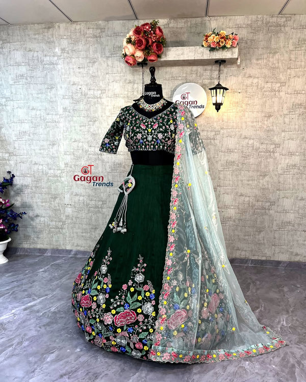 Satin Silk Lehenga with Embroidery Sequins Work – Semi-Stitched Set