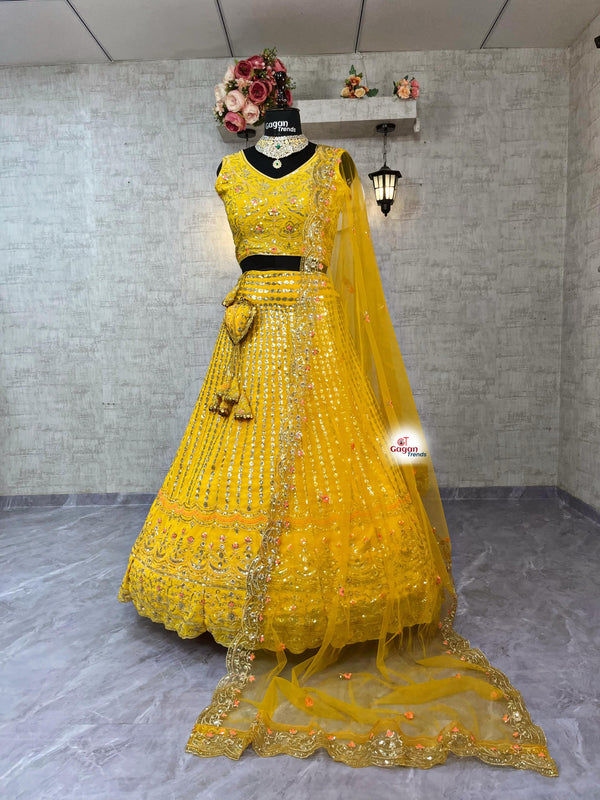 Fox Georgette Lehenga with Embroidery Sequins Work & Butterfly Net Dupatta – Semi-Stitched Partywear Set