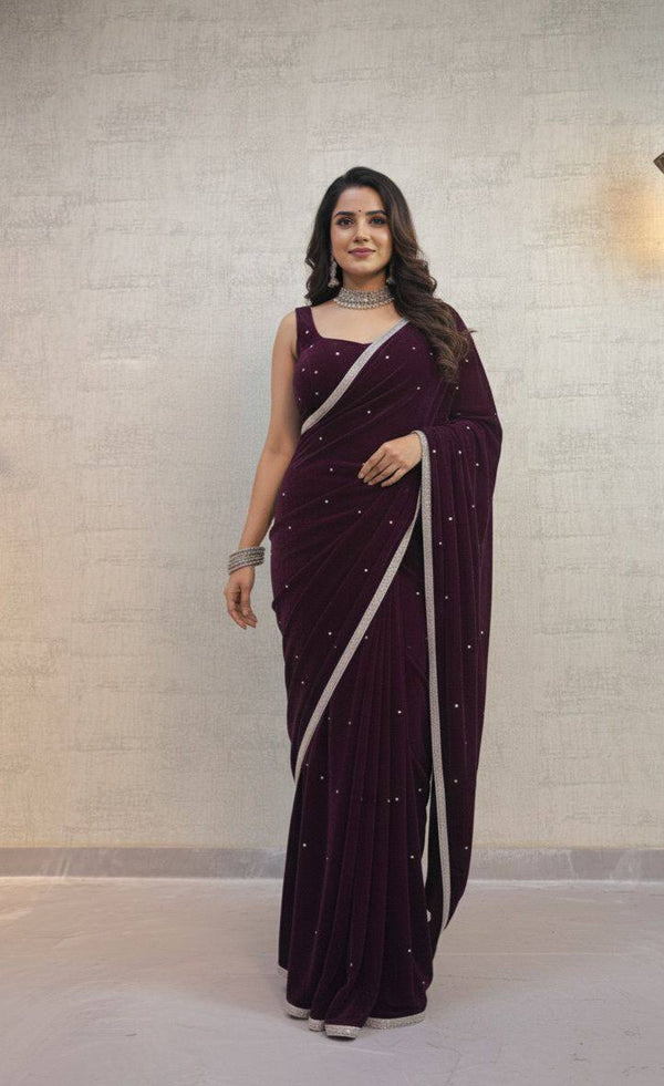 Luxurious Velvet Saree with Border and Pearl Detailing