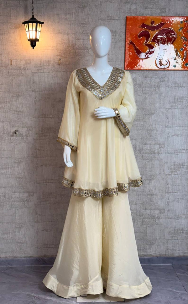 Regal Mirror Work Sharara Set in Cream