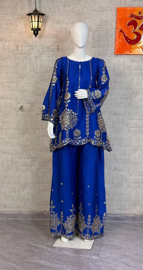 Stunning  premium  Silk Blend Peplum Kurti and Sharara Suit